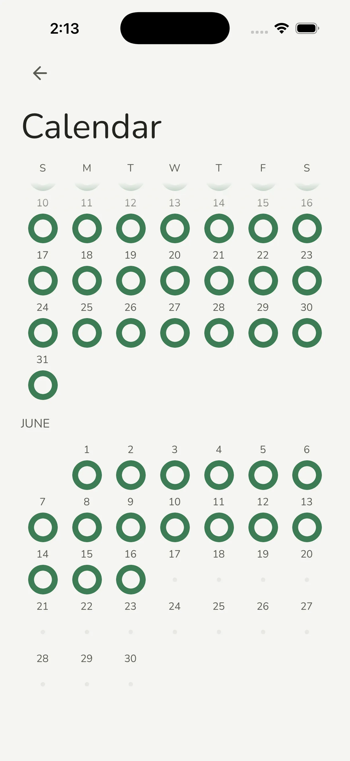 The check-in calendar: a month of sage-green rings, one for each clean day.