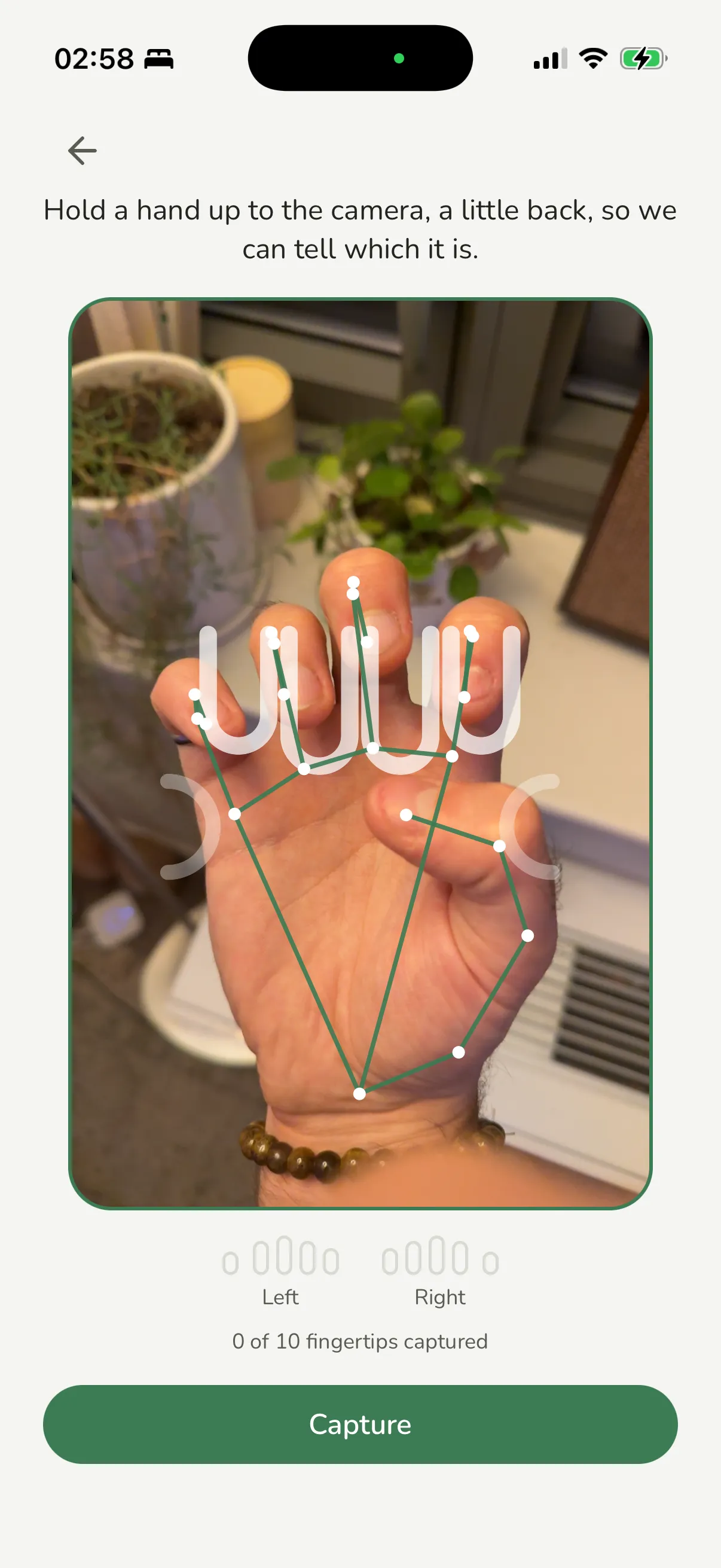 The capture screen: a curled hand held to the camera with nonyxa's ten fingertip landmarks tracked in green.