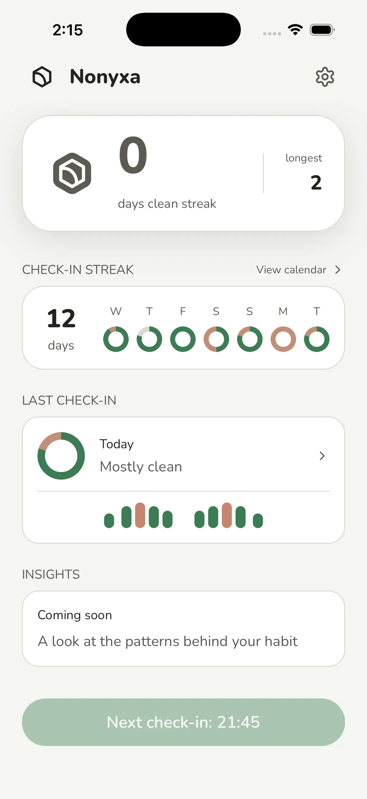 The nonyxa home screen after a slip: the clean streak back at zero while the check-in streak keeps climbing.